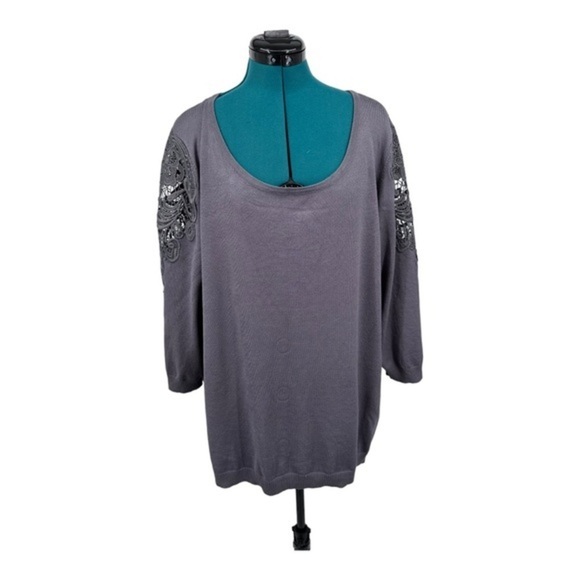 Lane Bryant Sweater Size 26/28 Grey Lace See Through Shoulders 3/4 Sleeves - Picture 2 of 6
